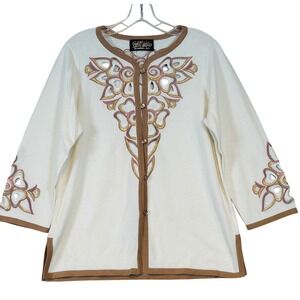 Bob Mackie‎ Wearable Art Floral Embroidered Eyelet Cardigan Cream Womens Grandma